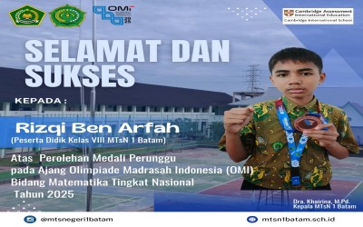 Rizqi Ben Arfah Raih Medali Perunggu Pada Olimpiade Madrasah Indonesia (OMI) 2025 Tingkat Nasional di Bidang Matematika